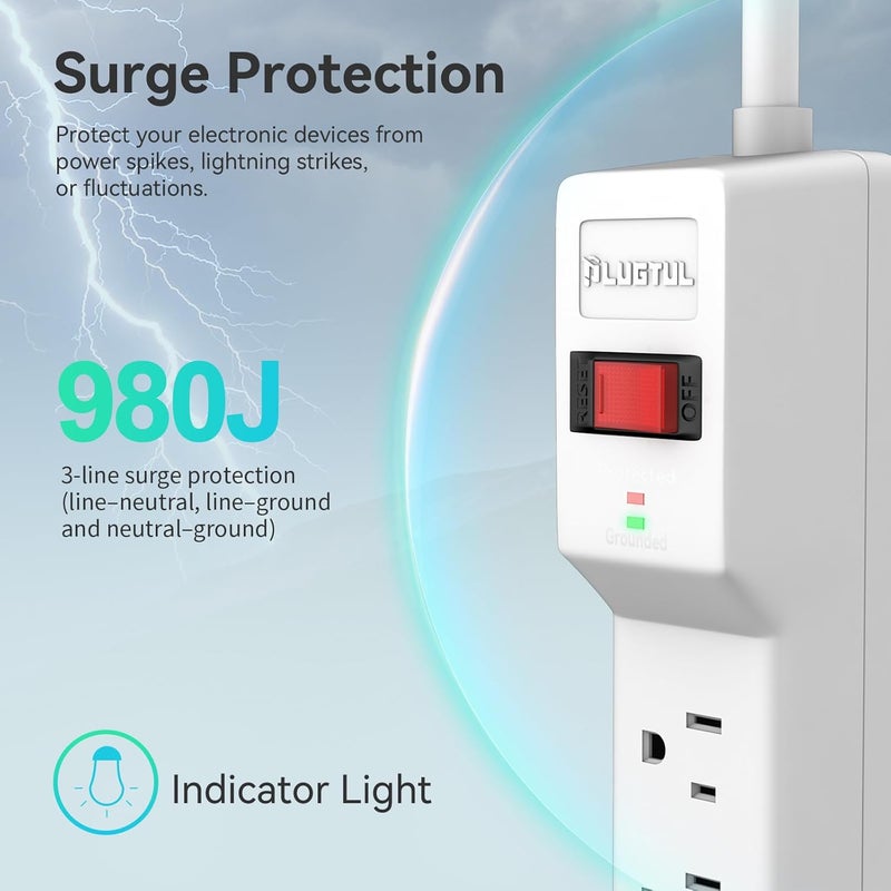 PLUGTUL Surge Protector 15FT (980 Joules), Flat Plug Power Strip, Extension Cord with Multiple Outlets, 7 Outlets, ETL Listed, 14 Gauge, Wall Mountable for Home Office Garage, White - Image 4